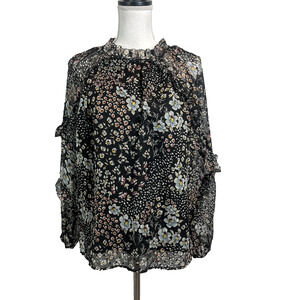 Ann Taylor Loft Blouse size Meduim Black Blue Floral Sheer Ruffles Peasant Boho